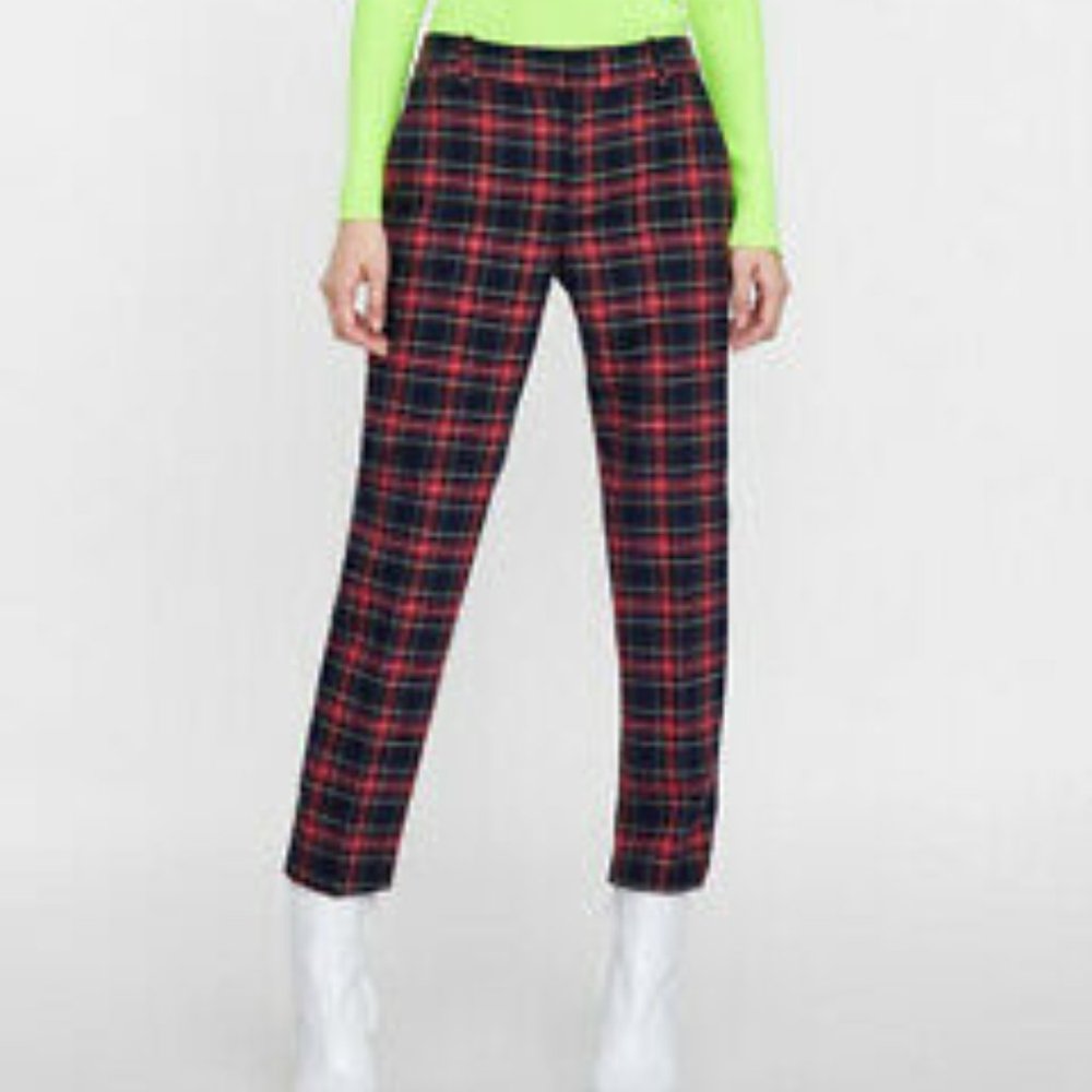 ZARA Straight Plaid Pants in Red and Black SIZE 10